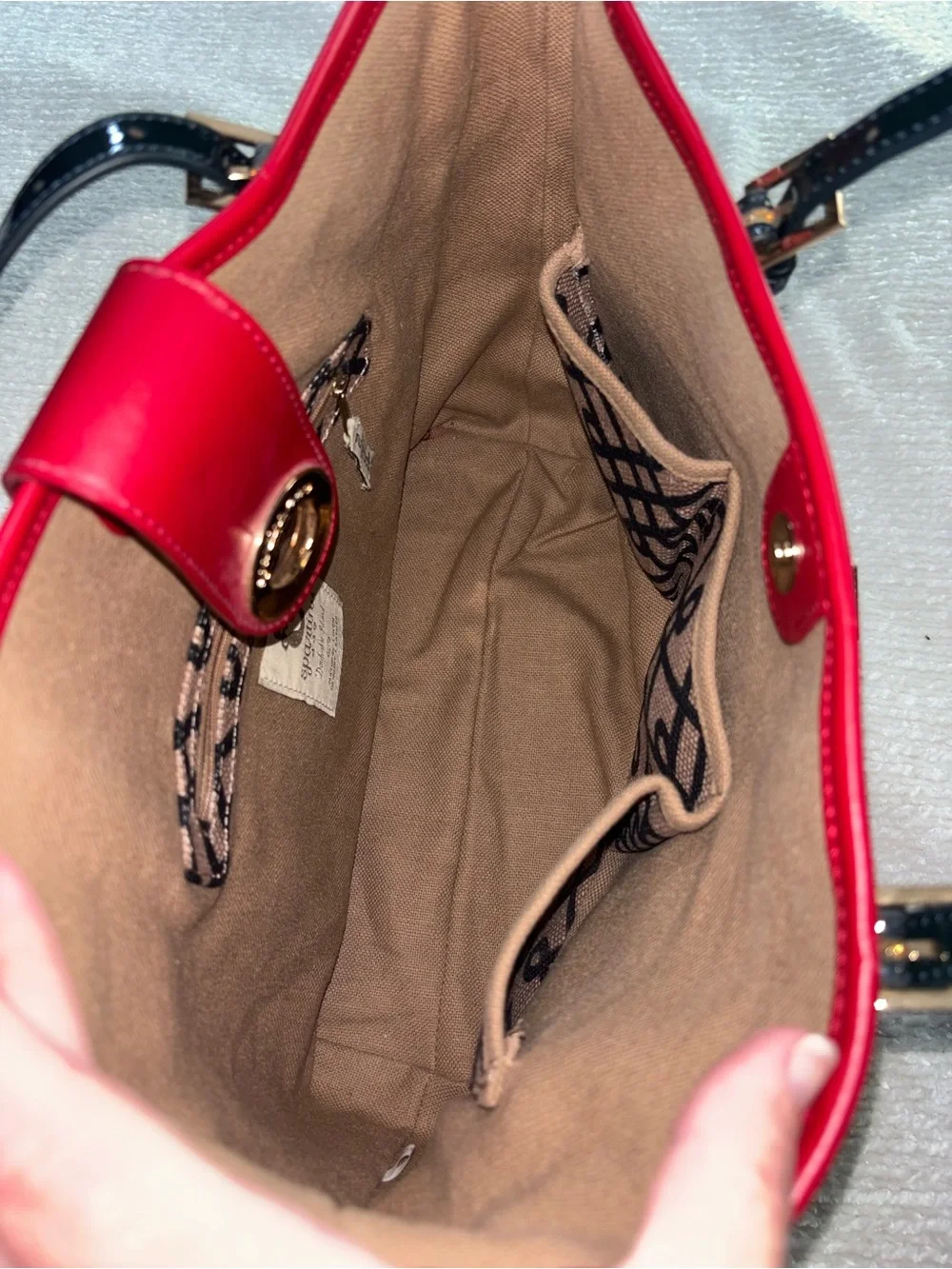Spartina 449 Black and Burgundy Pattern Tote with Geometric Print